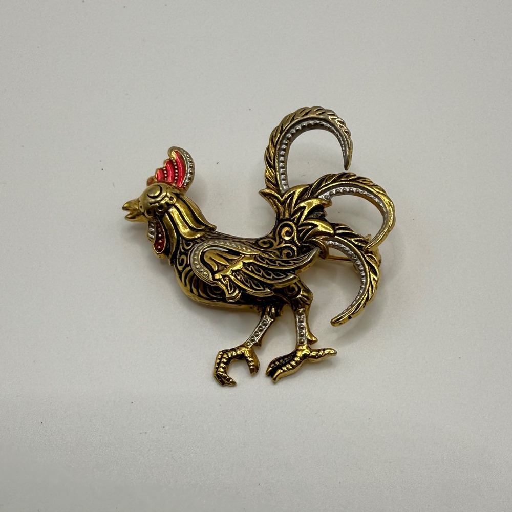Vintage‎ Style Gold Tone Rooster Brooch Red Enamel Figural Bird Pin